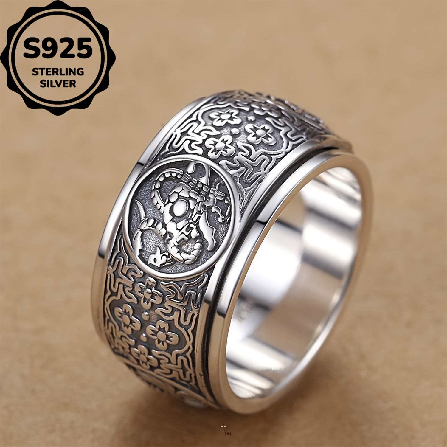 Bague Anti-Stress Rotative Homme Femme Argent S925 Plaqué Motif Xuanwu Rétro Taille Ajustable 7,5-12,5