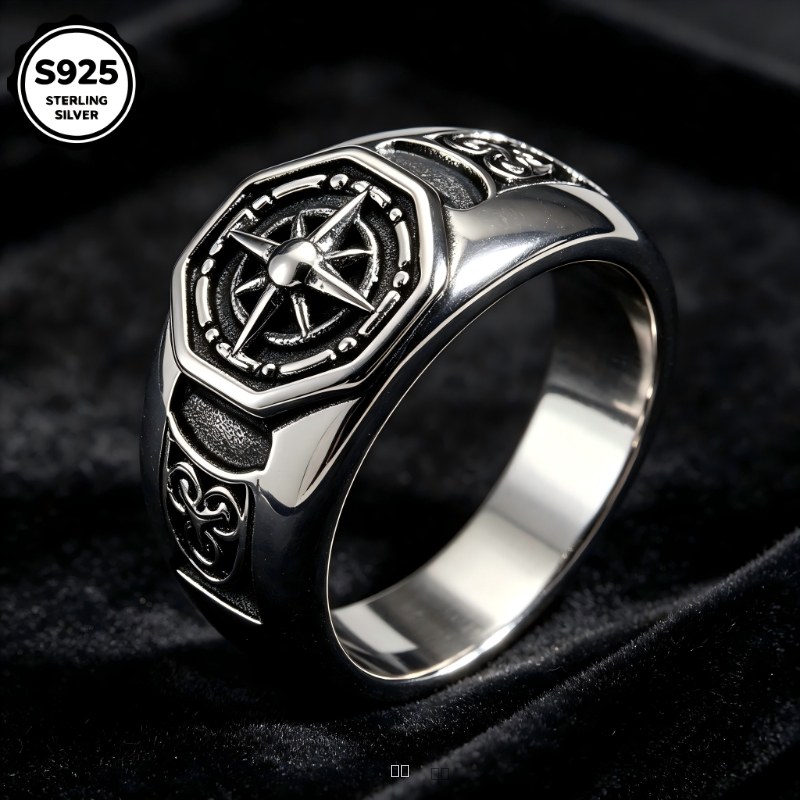 Bague Homme Octogonale Vintage Argent 925 avec Motif en Relief Rétro et Boîte Cadeau