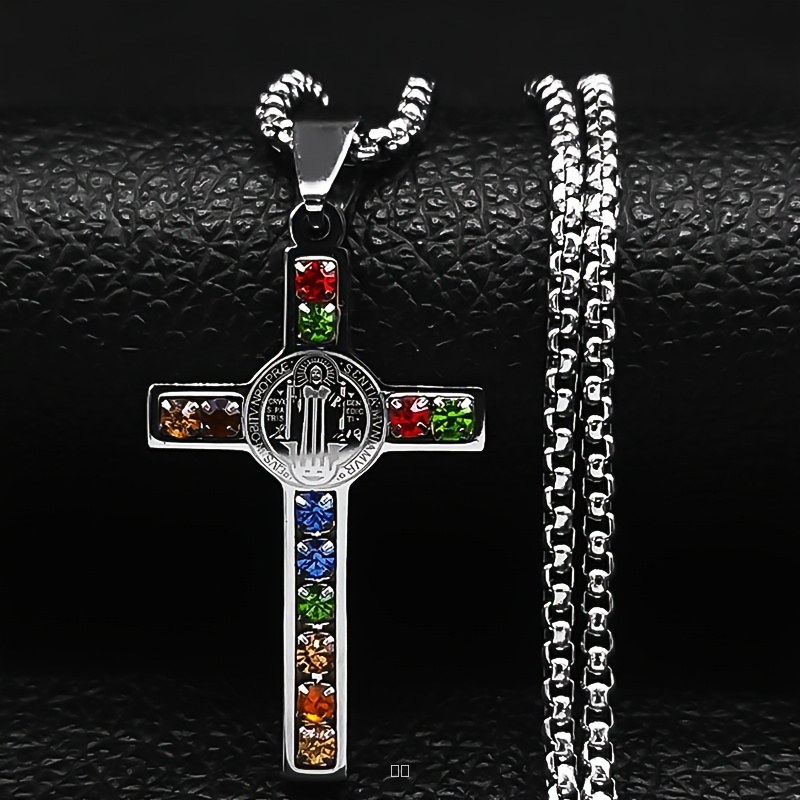 Collier Pendentif Croix Homme Acier Inoxydable 304 Motif Saint Benoit Embellissements Multicolores Bijou Religieux