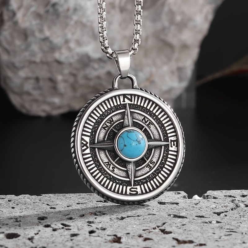 Collier Pendentif Turquoise Acier Inoxydable Homme Style Nautique Motard Rétro