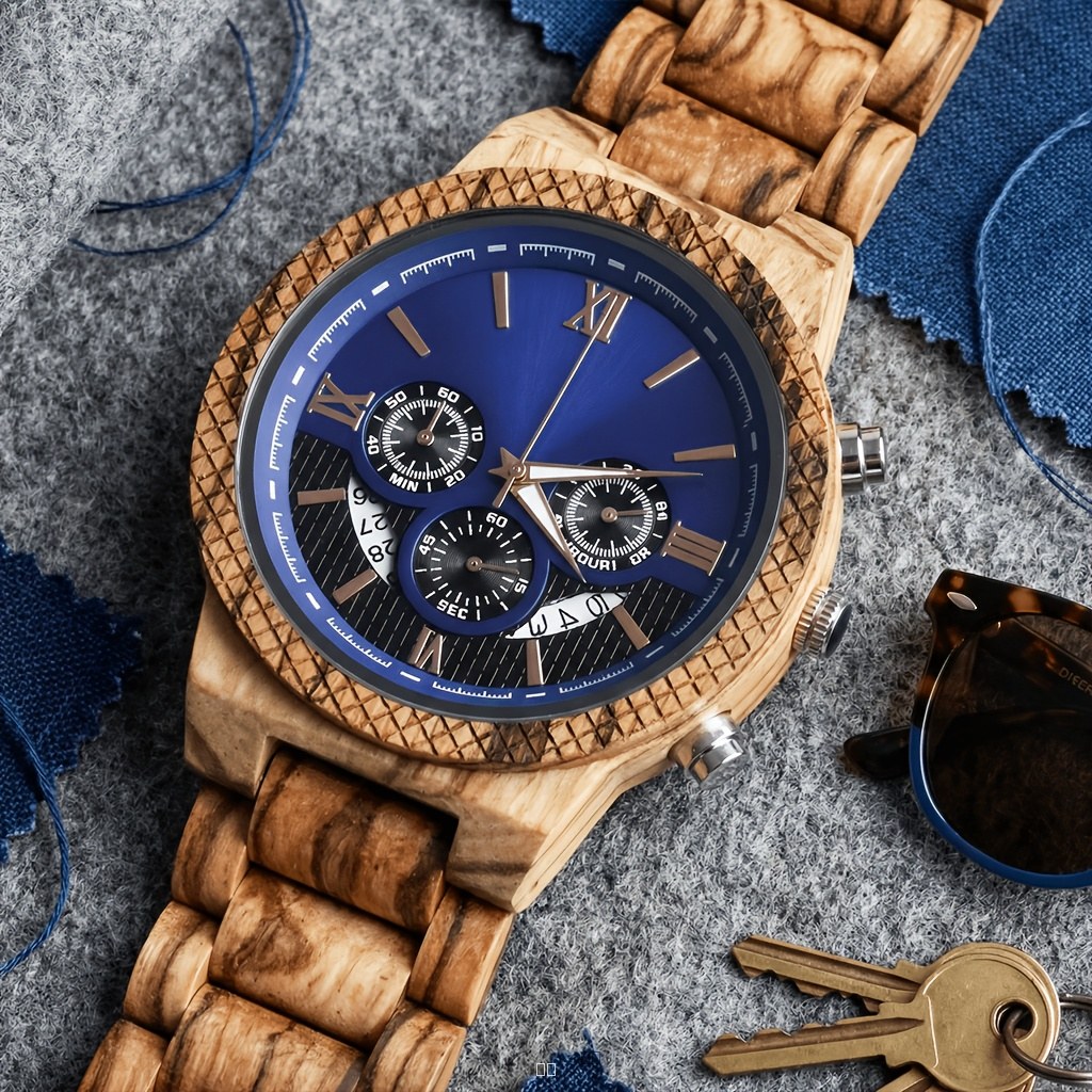 Montre Homme en Bois Naturel Chronographe Design Cadran Multifonction Bracelet Ajustable