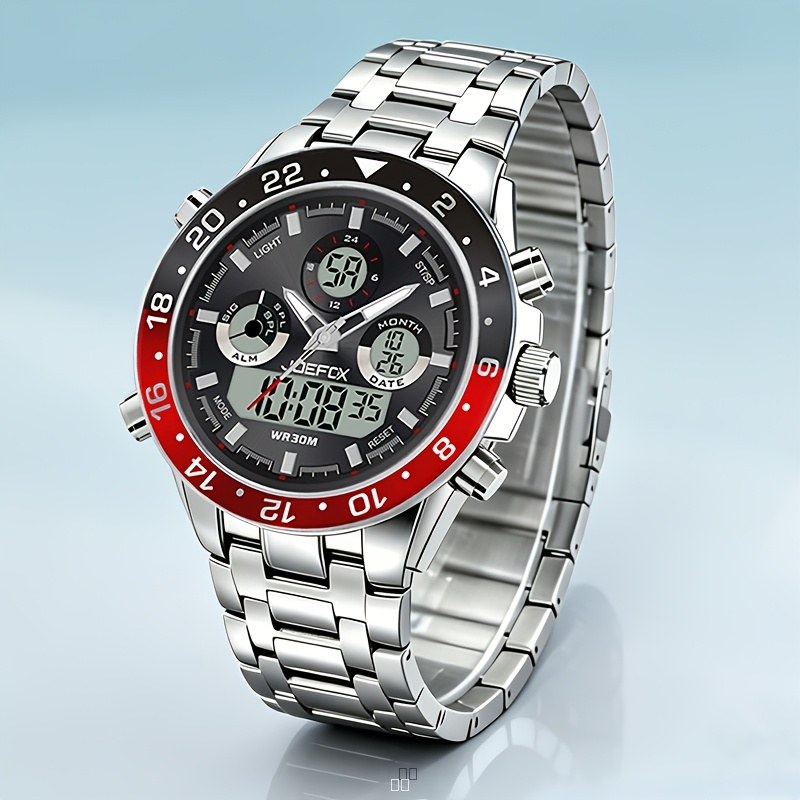 Montre Homme Vintage Double Affichage Quartz Chronographe Bracelet Acier Inoxydable Boîtier Rond Étanche