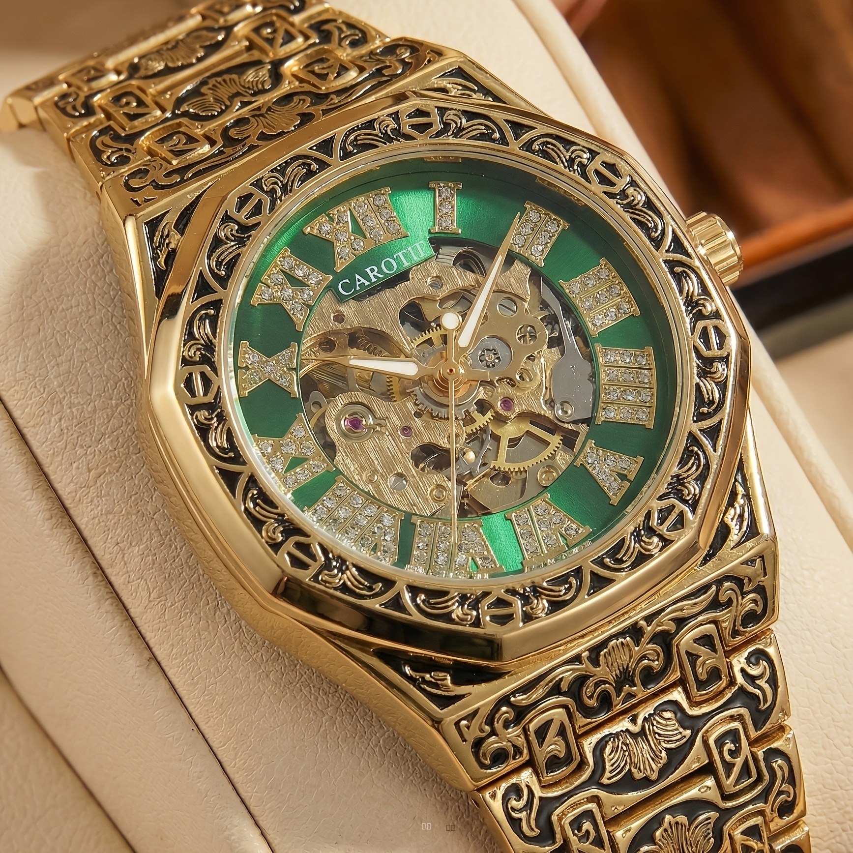Montre Mécanique à Remontoir Homme Cadran Vert Chiffres Romains Style Rétro Vintage Analogique
