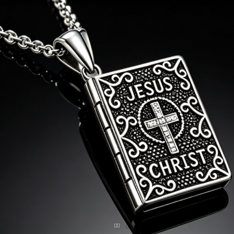 Pendentif médaillon photo croix biblique argent 925 mixte - Bijou chrétien avec boîte cadeau