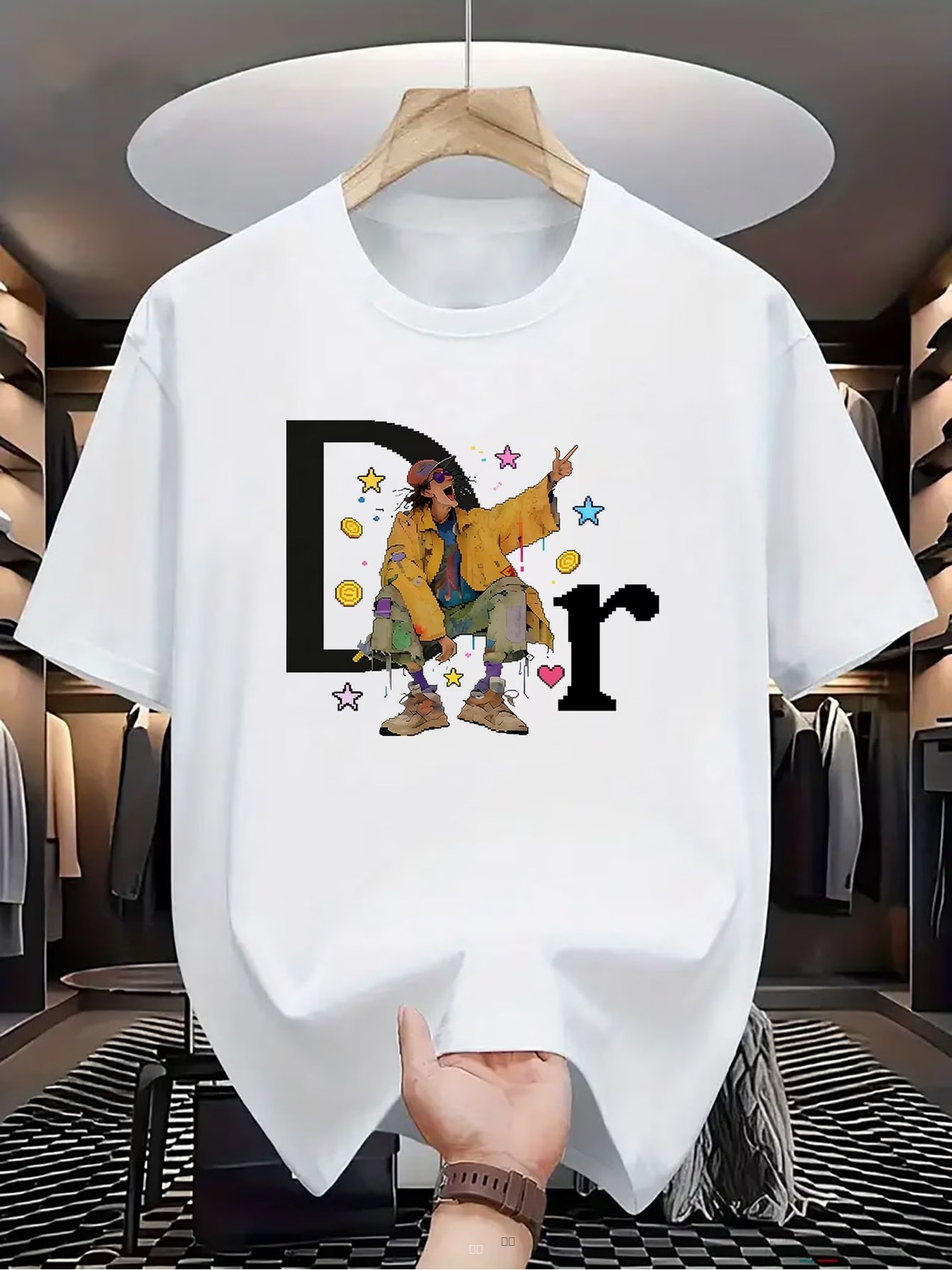 T-Shirt Homme Col Rond Imprimé Lettres Y2K Pixel - Coupe Décontractée Été - Coton Léger