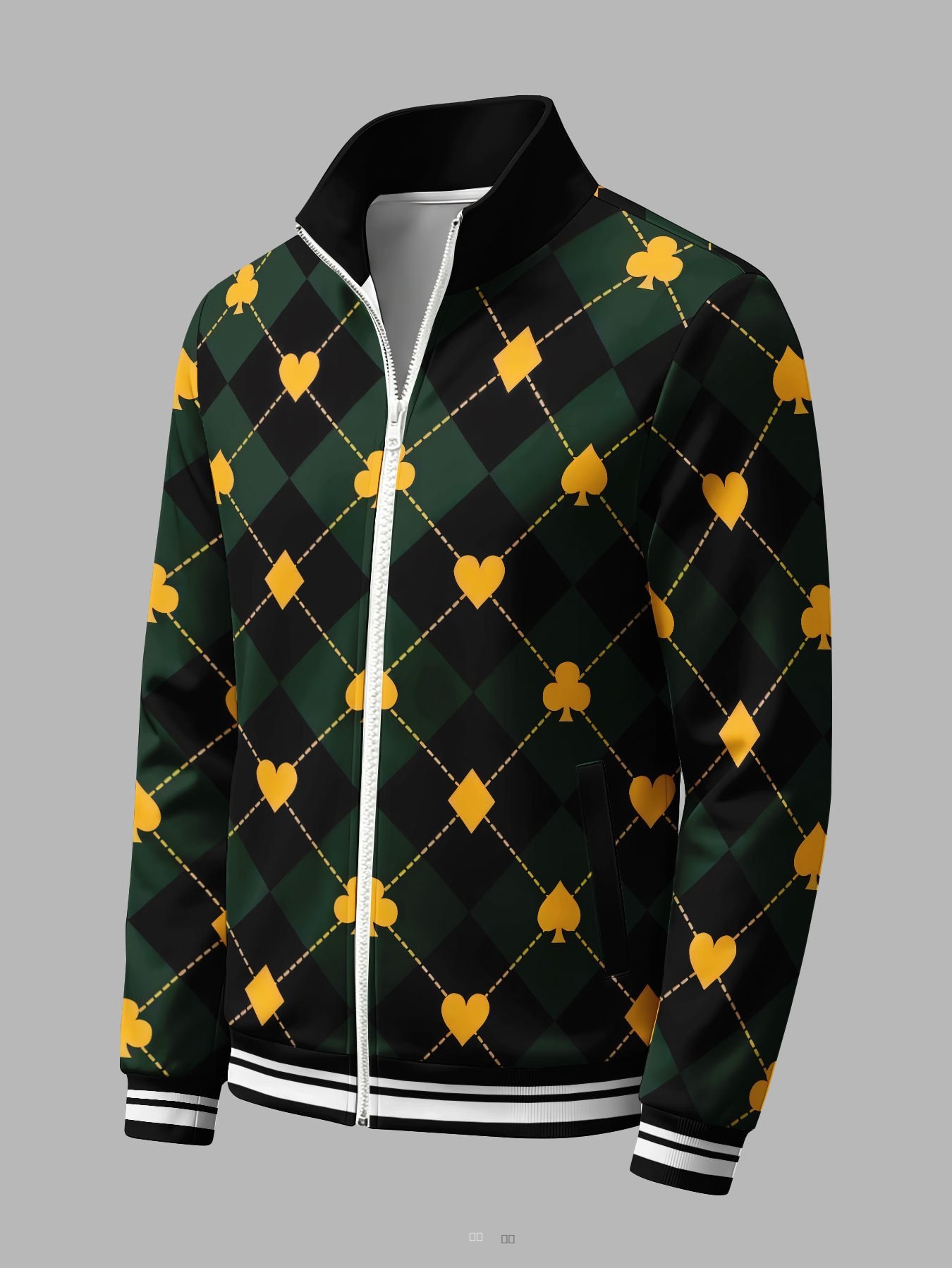 Veste Sport Homme Zippée Motif Carreaux Diamant Poker Col Montant Printemps Automne Décontracté